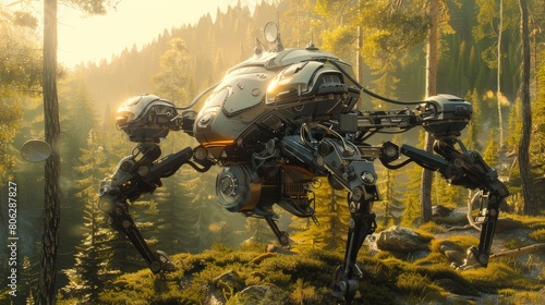 The four-legged robot walks through the forest. photo