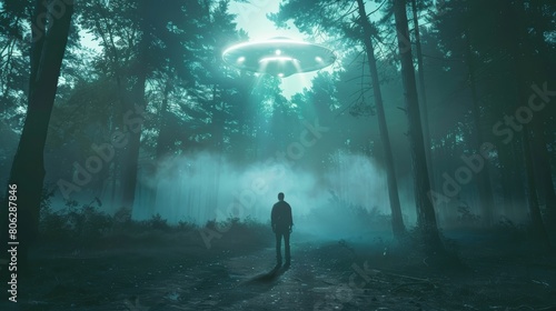 Man encountering UFO in misty forest. Surreal night scene with extraterrestrial spaceship and mysterious atmosphere © Andrey