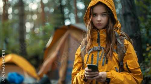 Young Woman in Yellow Raincoat Using Smartphone at Forest Campsite. Generative ai