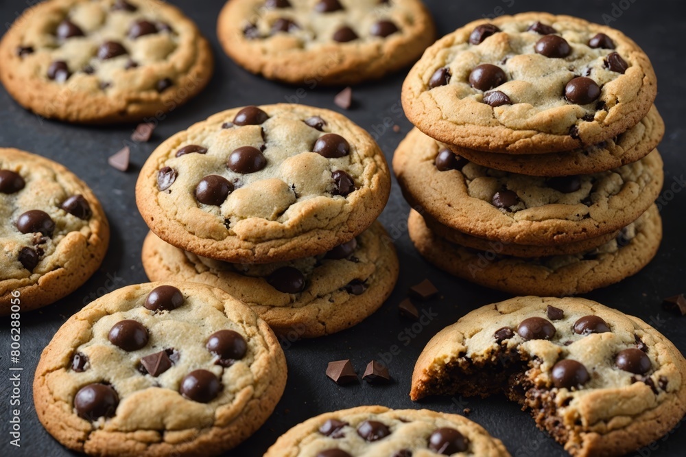 Chocolate chip cookies on a pile