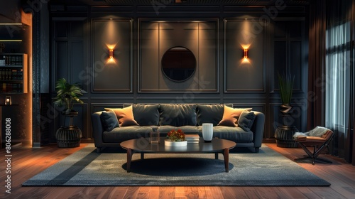 a dark-toned living room that tastefully mixes classic and contemporary design elements photo
