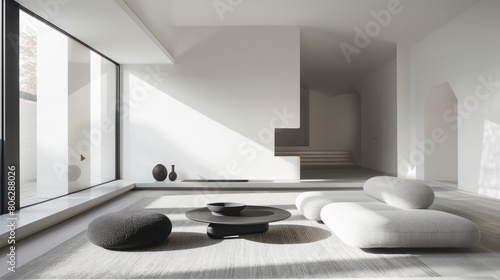 Serene minimalist space with a zen-inspired design, featuring pebble-like seats and natural light creating a peaceful atmosphere photo