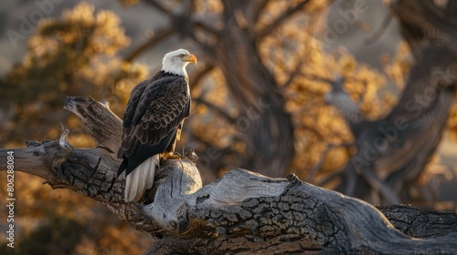 Majestic bald eagle perched on a tree branch during golden sunset. © Andrey