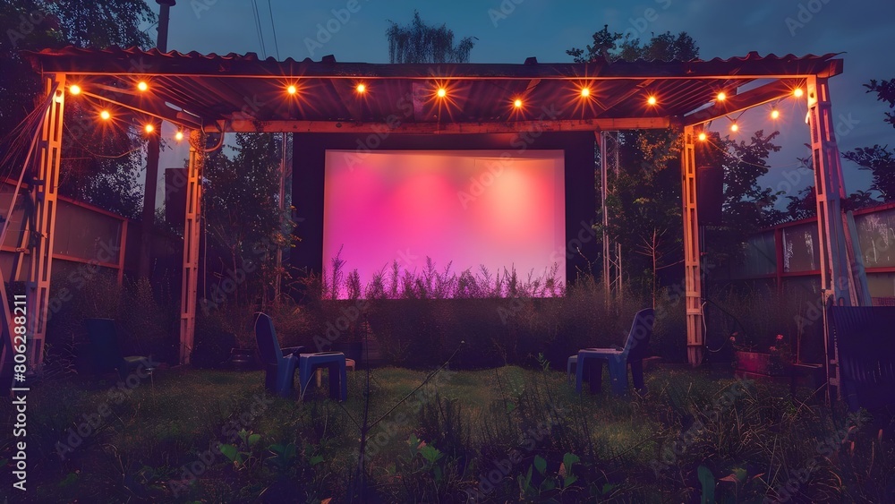 Creating an Outdoor Backyard Cinema with String Lights Around an Old Movie Screen. Concept Backyard Cinema, String Lights, Outdoor Movie Night, Old Movie Screen, Cozy Atmosphere