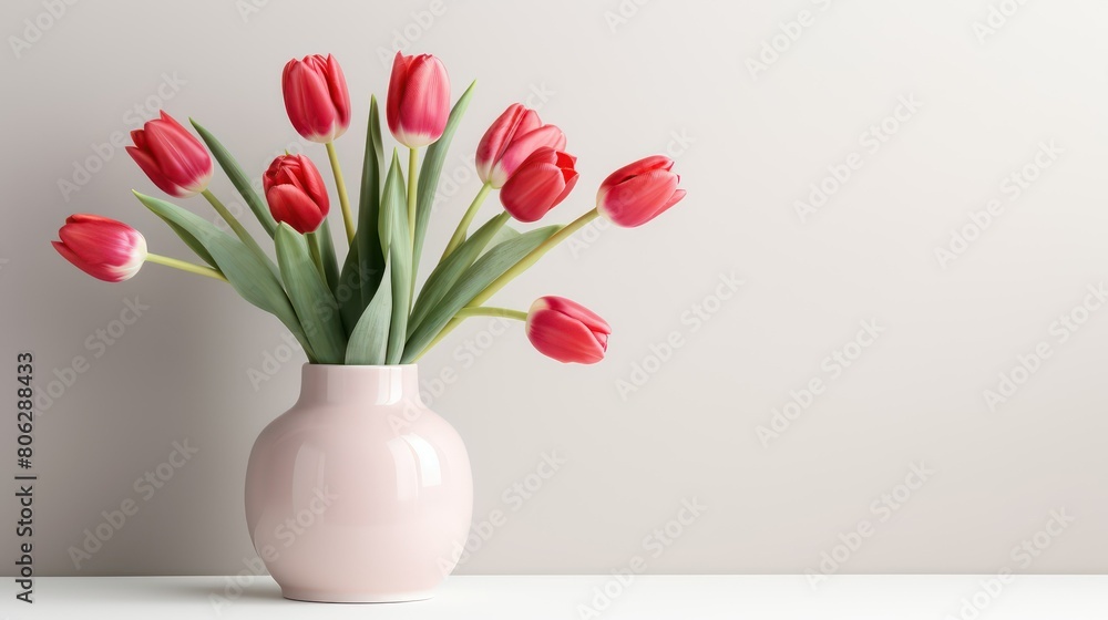Bouquet of red tulips in vase on white background