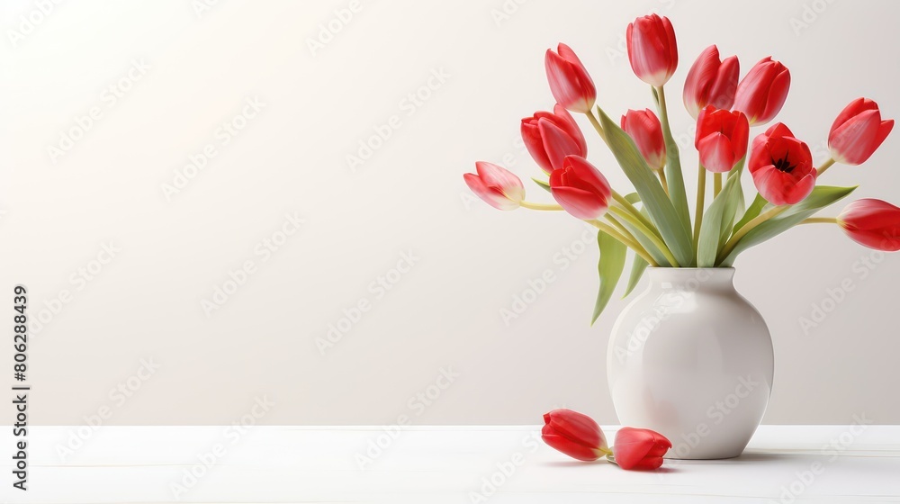 Bouquet of red tulips in vase on white table against white wall Bouquet of red tulips in vase on white table against white wall