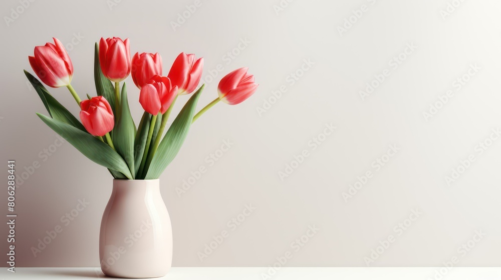 Bouquet of red tulips in vase on left side white background Bouquet of red tulips in vase on left side white background
