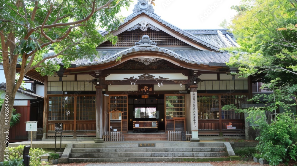 Traditional Japanese shrine front entrance. Classic wooden architecture with detailed carvings and tranquil garden. Cultural heritage and tourism concept.