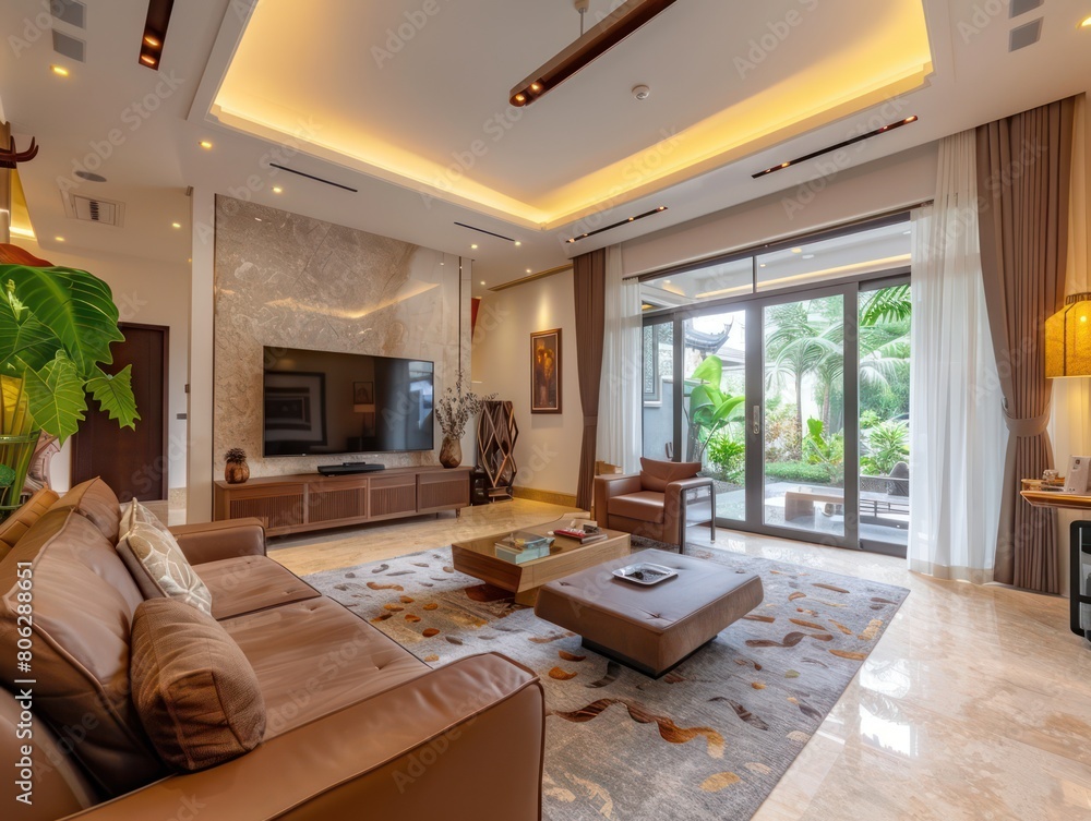 Expansive living room space with textured decor, marble accents, and a connection to the outdoors