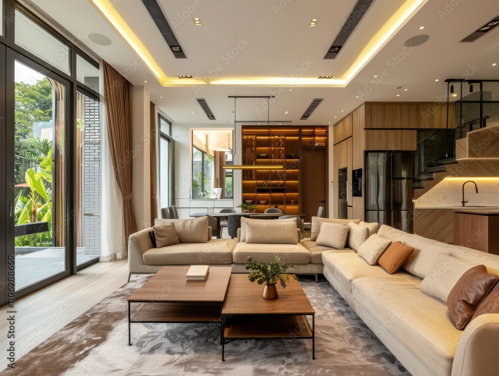 Warmly lit contemporary living room featuring a large sectional sofa, bookshelves, and a fusion of wood and marble Warmly lit contemporary living room featuring a large sectional sofa, bookshelves, and a fusion of wood and marble