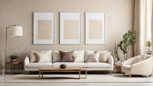 A contemporary living room featuring three empty vertical picture frames, a white sofa, and beige pillows. Mockup of a wall painting.