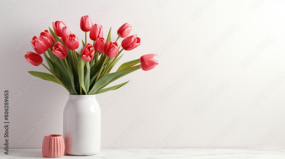 Bouquet of red tulips in vase on white background with small empty bucket