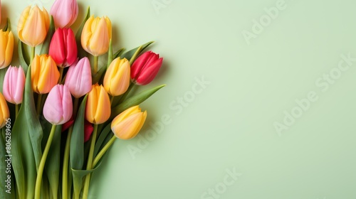Bouquet of colorful tulips on green background #806289605