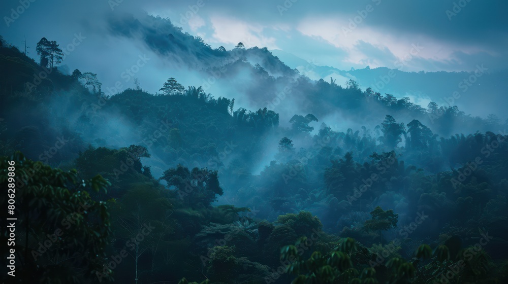 An ethereal scene of misty mountains shrouded in morning fog, revealing nature's mystery
