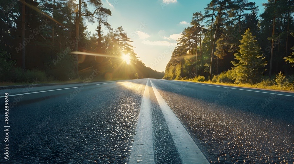 Fototapeta premium A vibrant, sun-kissed road glistens with the promise of adventure, its smooth tar surface beckoning travelers down its winding lane towards the unknown 