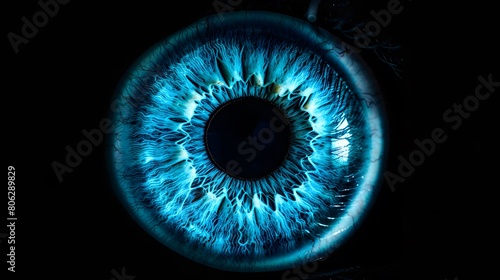 Close up of eye iris on black background macro photography.