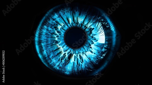 Close up of eye iris on black background macro photography.