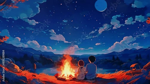 A couple cozies up by a crackling bonfire, roasting marshmallows and listening to lo-fi music under the starry night sky, Lofi 2D Japanese anime-style photo