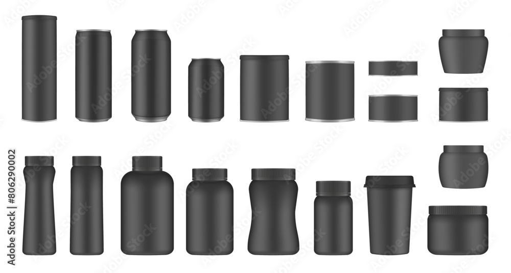 Set of black tin cans and jars. Coffee or tea canister. Tin can for preserves or pet food. Beer, cocktail or soda can. Chips tube. Cookie jar. Round box for sugar or flour Set of black tin cans and jars. Coffee or tea canister. Tin can for preserves or pet food. Beer, cocktail or soda can. Chips tube. Cookie jar. Round box for sugar or flour
