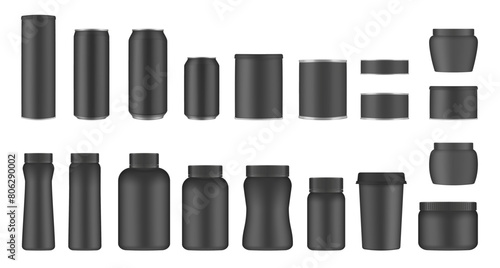 Set of black tin cans and jars. Coffee or tea canister. Tin can for preserves or pet food. Beer, cocktail or soda can. Chips tube. Cookie jar. Round box for sugar or flour