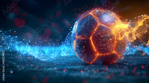 A soccer ball with flames and fire in the background 