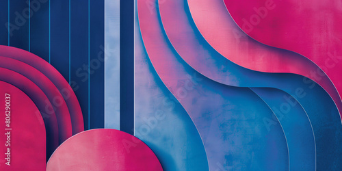 Geometric flat structures textured abstract background. Blue and pink bright colors. Abstract horizontal banner. Graphic design poster. Digital artwork raster bitmap. AI artwork.