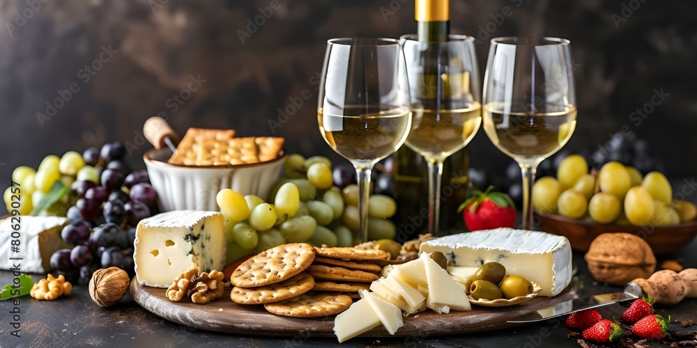 Artful compositions featuring wine glasses and bottles paired with an assortment of gourmet cheeses