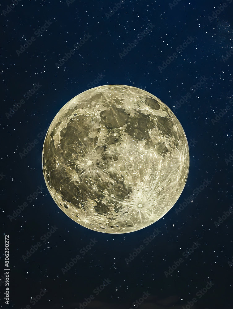 A full moon is shown in the night sky.