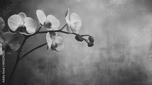 Image of orchids in black and white showcasing details against a rough textured artistic background photo