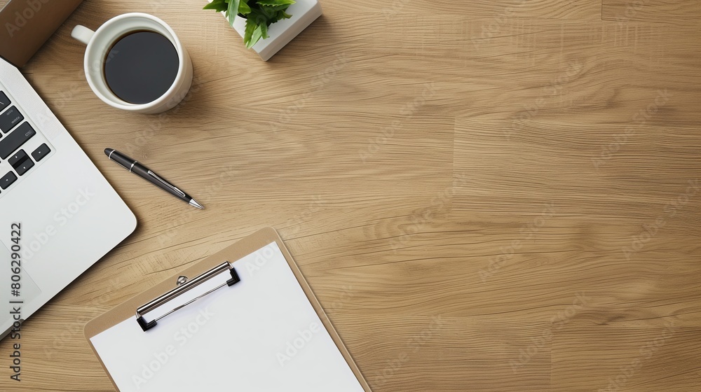 Wooden office desk table. Workspace with computer keyboard and blank notebook with equipment other office supplies. Top view with copy space, flat lay. Wooden office desk table. Workspace with computer keyboard and blank notebook with equipment other office supplies. Top view with copy space, flat lay.