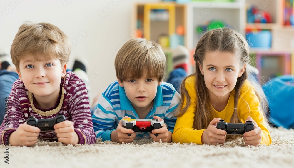 children play video games lying on the floor. Gaming addiction children play video games lying on the floor. Gaming addiction
