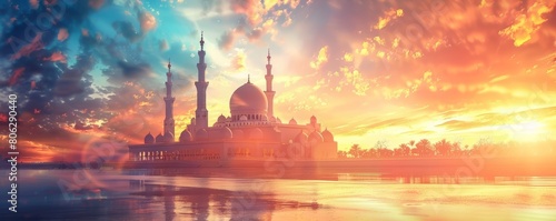 Sunset over mosque with dramatic cloud skies and water reflection.