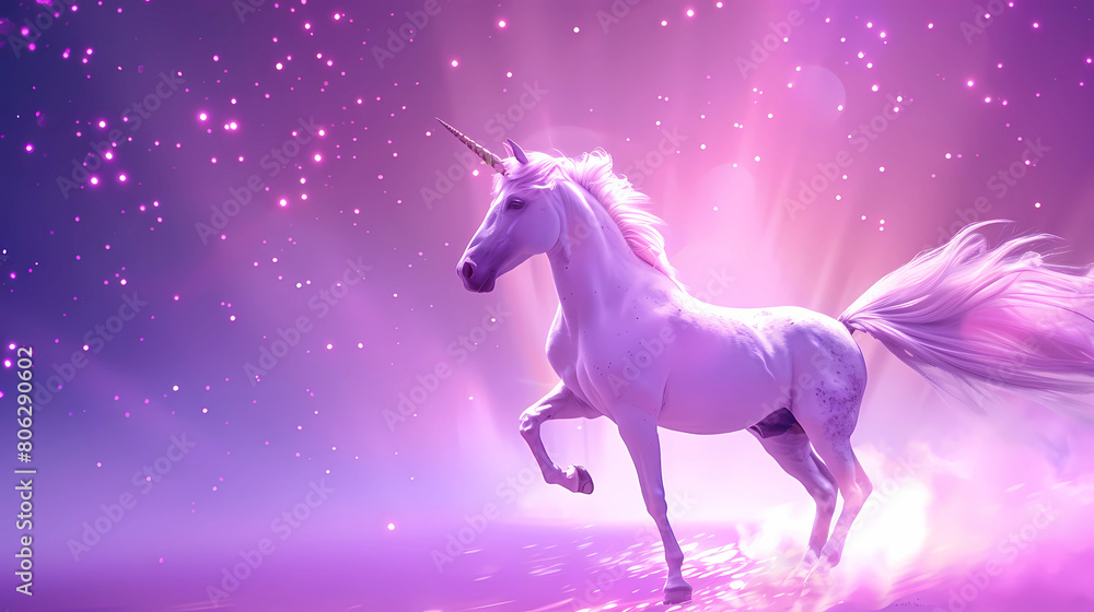 Majestic White Unicorn Galloping Under a Mystical Purple Sky with Sparkling Stars Majestic White Unicorn Galloping Under a Mystical Purple Sky with Sparkling Stars