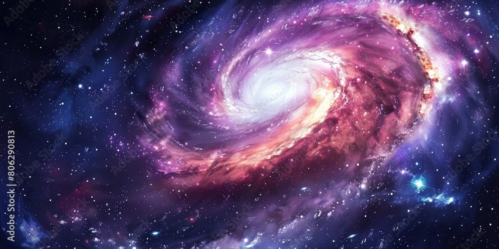 A spiral galaxy with vibrant colors and swirling patterns, set against the backdrop of deep space. The Milky Way is visible in the background, surrounded by stars that give ethereal appearance.