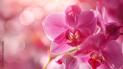 Ethereal pink orchids exude a sense of romantic allure against a radiant  glowing pink bokeh backdrop