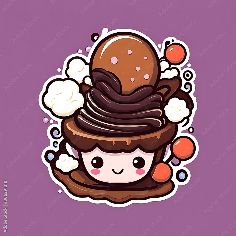Hot chocolate with whipped cream in a cute cup. Sticker with kind eyes and smile Hot chocolate with whipped cream in a cute cup. Sticker with kind eyes and smile