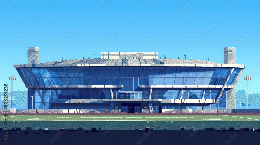 Detailed digital artwork of a futuristic sports stadium with sharp angles against the backdrop of a dusky sky Detailed digital artwork of a futuristic sports stadium with sharp angles against the backdrop of a dusky sky