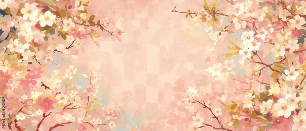 Japanese pattern with pink, yellow and green clouds in the background, a pink checkered pattern, white flowers, yellow cherry blossoms, a seamless pattern, vintage style watercolor Japanese pattern with pink, yellow and green clouds in the background, a pink checkered pattern, white flowers, yellow cherry blossoms, a seamless pattern, vintage style watercolor