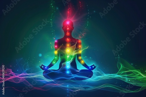 An illustration of the human figure in lotus pose with glowing chakras © MEHDI