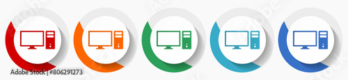 Computer, monitor, screen, pc vector icon set, flat icons for logo design, webdesign and mobile applications, colorful round buttons