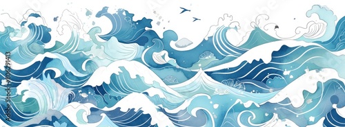 watercolor background with light blue water waves and traditional Japanese patterns  simple  minimalistic  white background