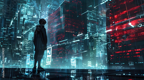 Futuristic Cityscape with Glitching Holograms and Digital Codes