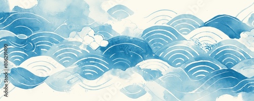 watercolor background with light blue water waves and traditional Japanese patterns, simple, minimalistic, white background