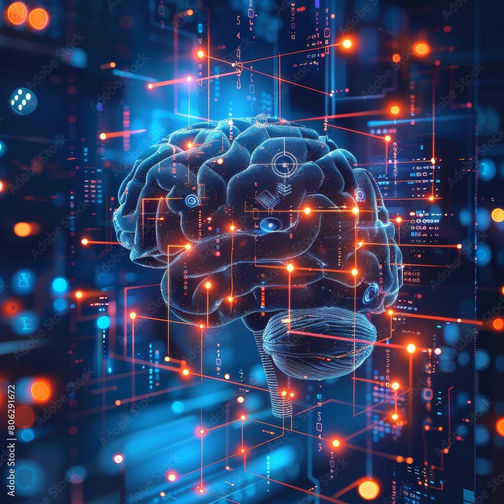 Obraz premium Virtual Brain In Cyber Network Space