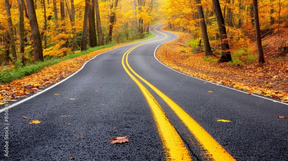 Fototapeta premium Tranquil road winding through brightly colored trees in autumn forest landscape view