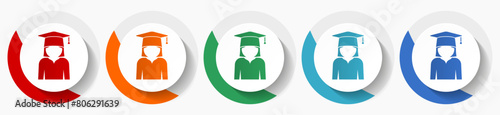 Graduate, education, female student vector icon set, flat icons for logo design, webdesign and mobile applications, colorful round buttons