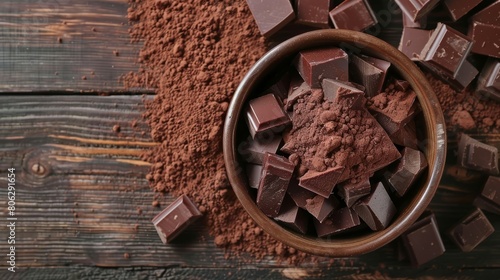 Dark chocolate chunks and cocoa powder in a rustic bowl on a wooden table. Rustic gourmet concept photo