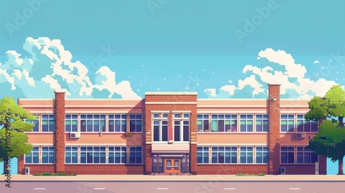 Retro-inspired pixel art featuring a school building, against a serene blue sky with cloud details, conveying a calm academic environment