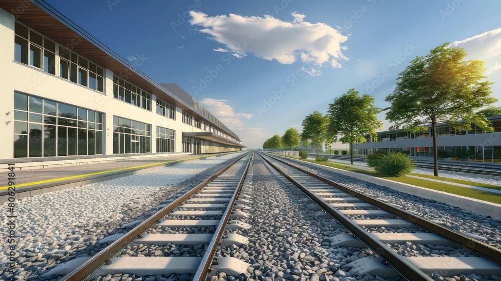 A contemporary image of train tracks extending into the horizon with a modern building