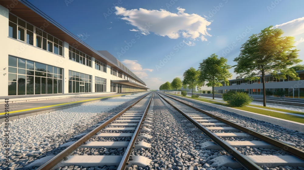 A contemporary image of train tracks extending into the horizon with a modern building A contemporary image of train tracks extending into the horizon with a modern building